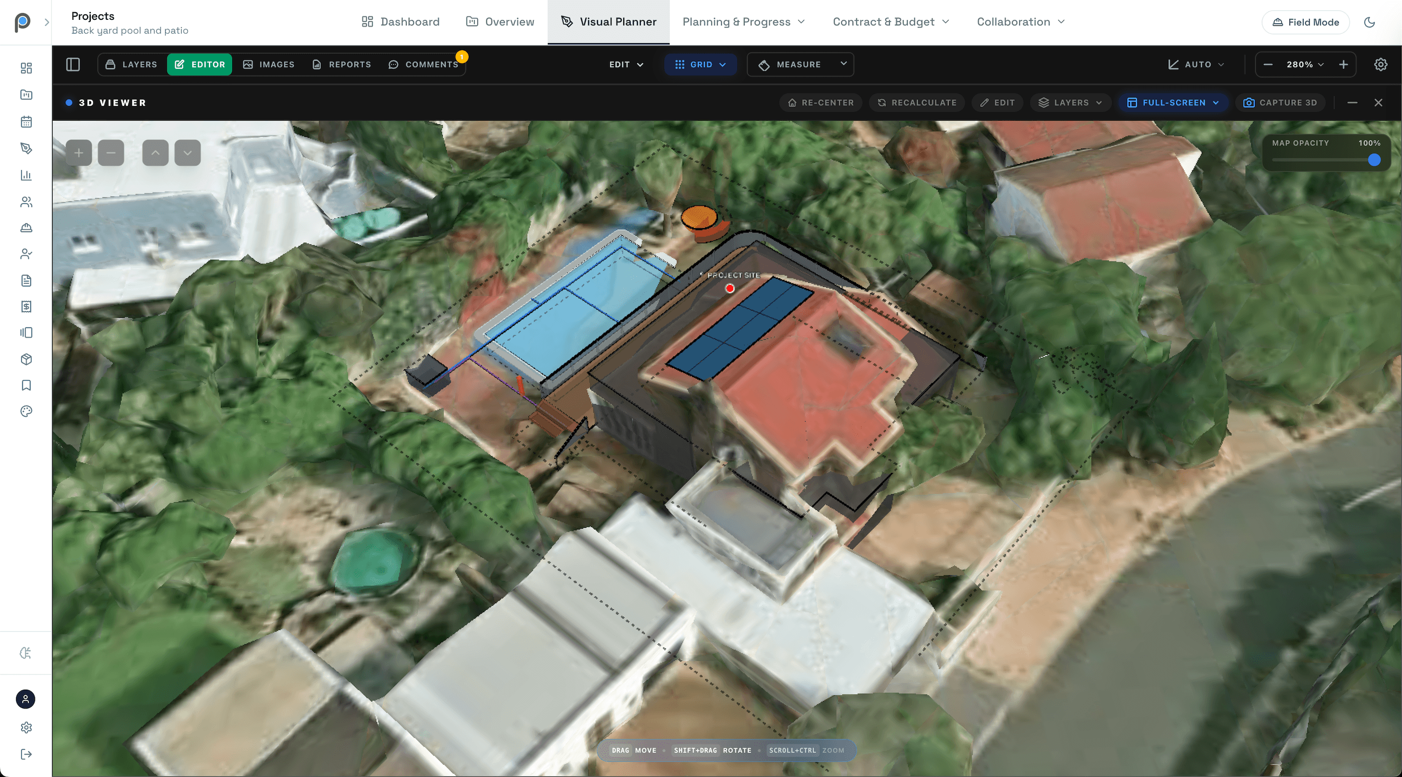 SiteTower layout of an outdoor job on a satellite photo, in 3D