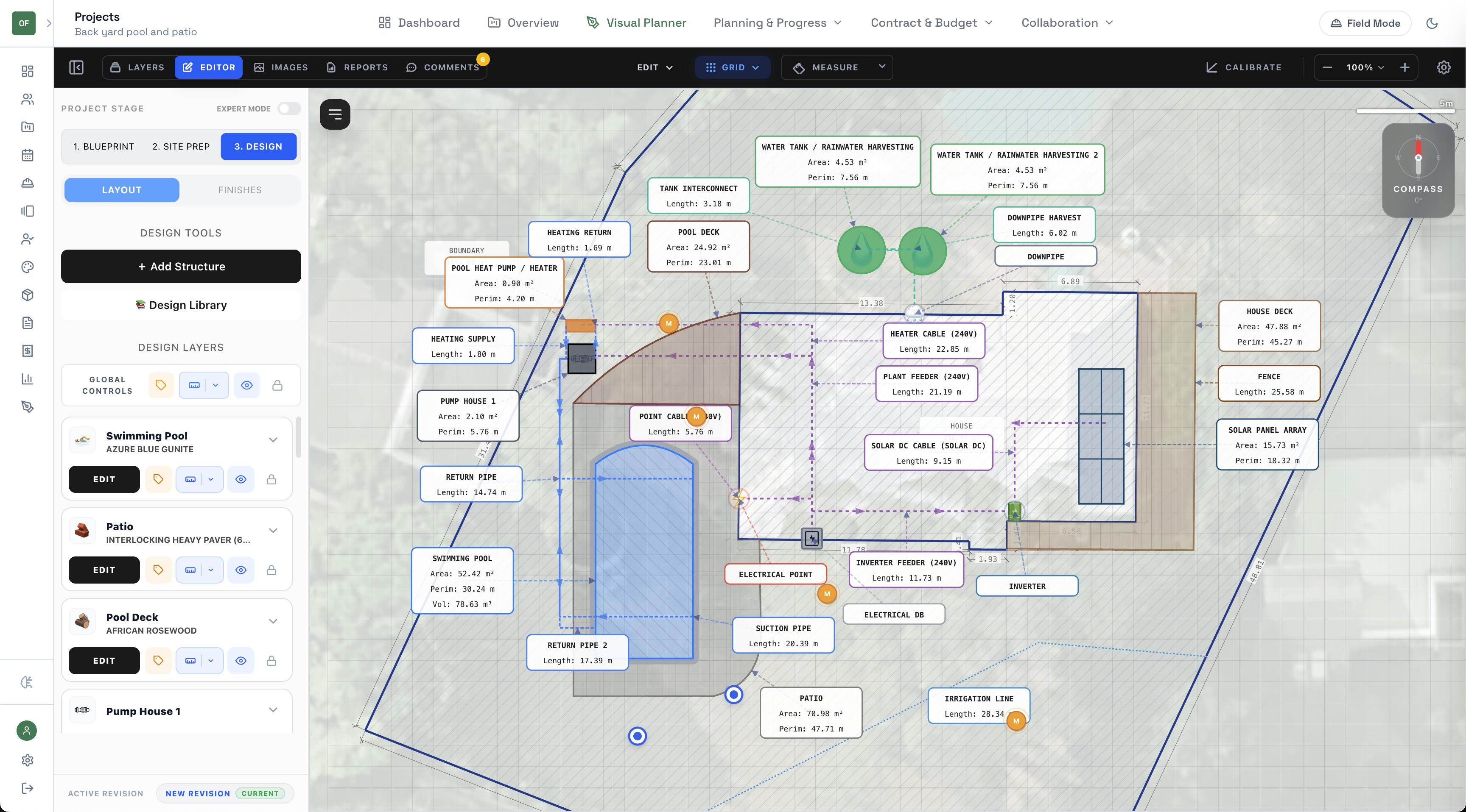 SiteTower 2D site plan blueprint showing outdoor project layout