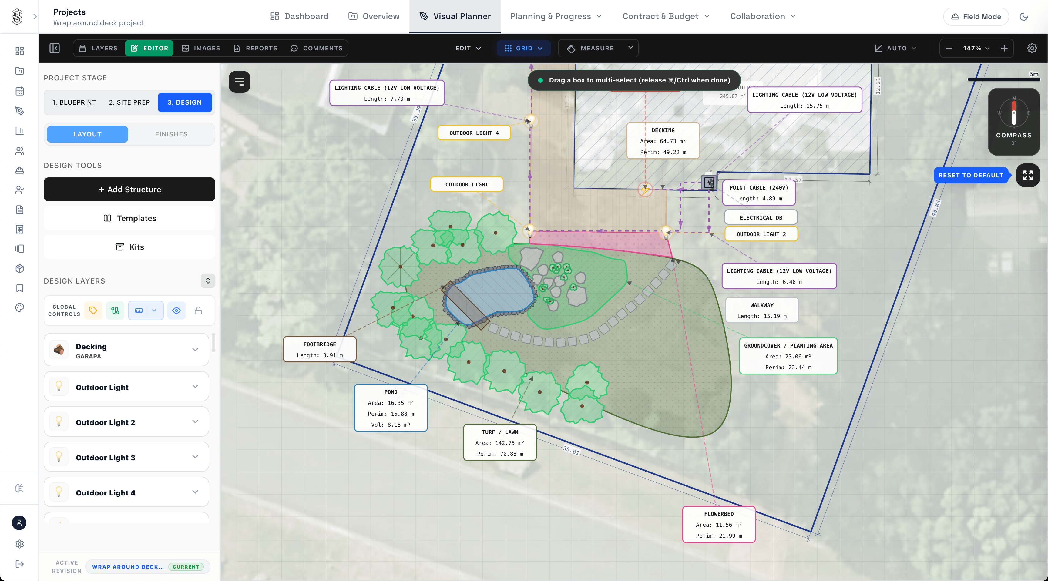 SiteTower layout showing lawn, groundcover planting areas, flowerbeds, decking, pond, and outdoor lighting layout on satellite view