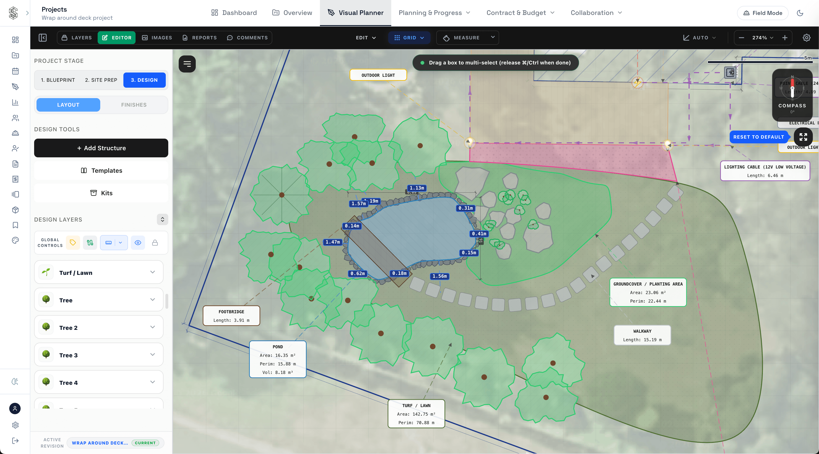 SiteTower layout showing a koi pond design with perimeter depth measurements, water volume calculations, footbridge, and surrounding planting zones