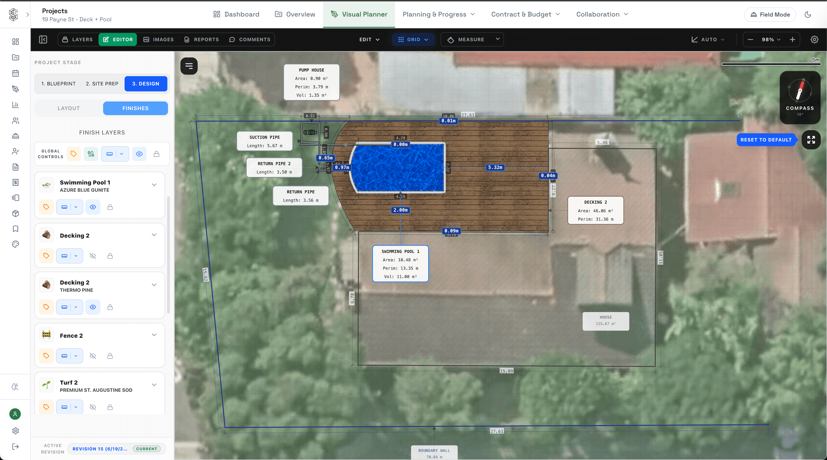 SiteTower layout with a pool shell, deck area and paving zones drawn over satellite imagery