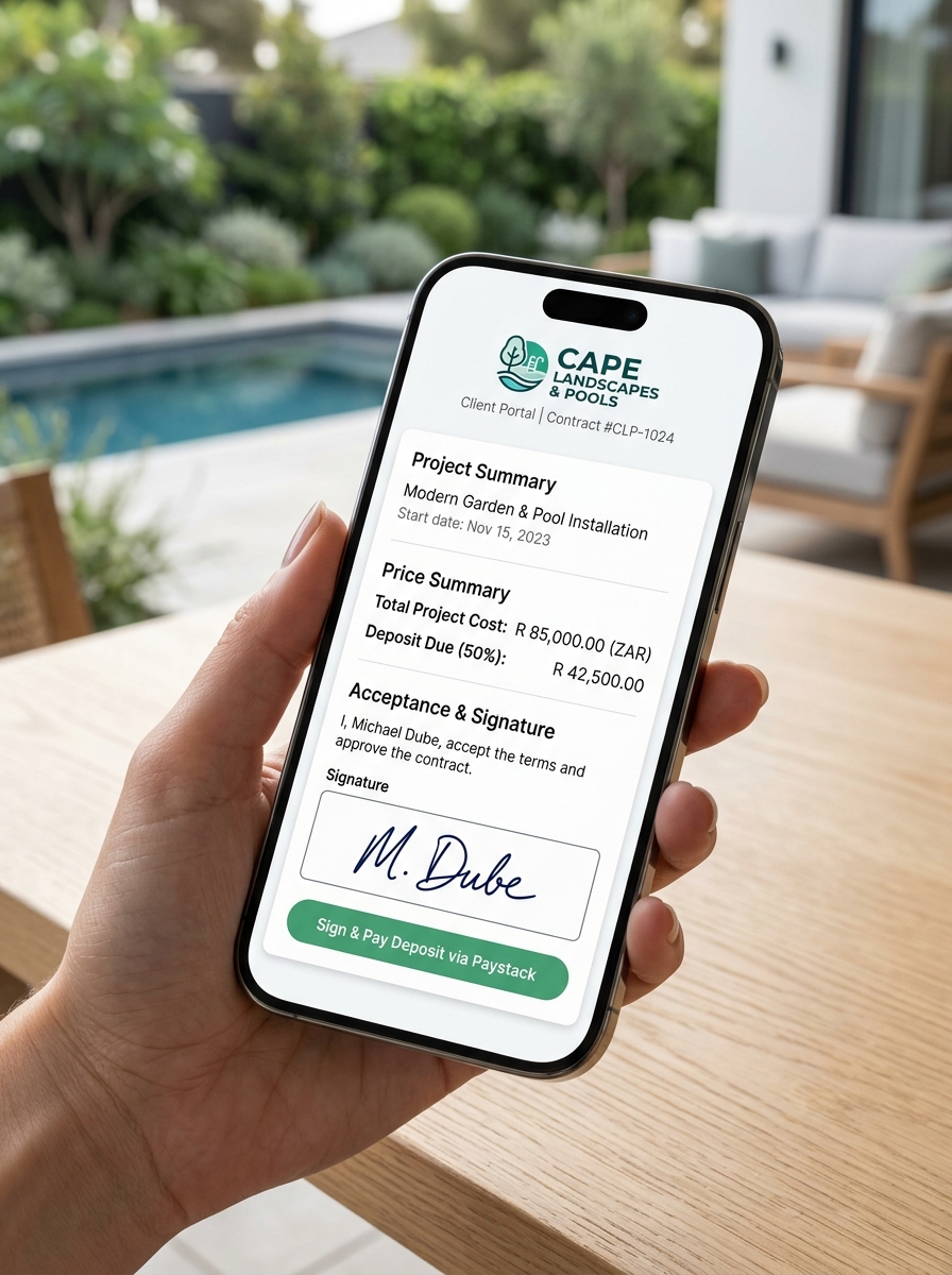 SiteTower Client Portal Mobile View showing Proposal & signing screen
