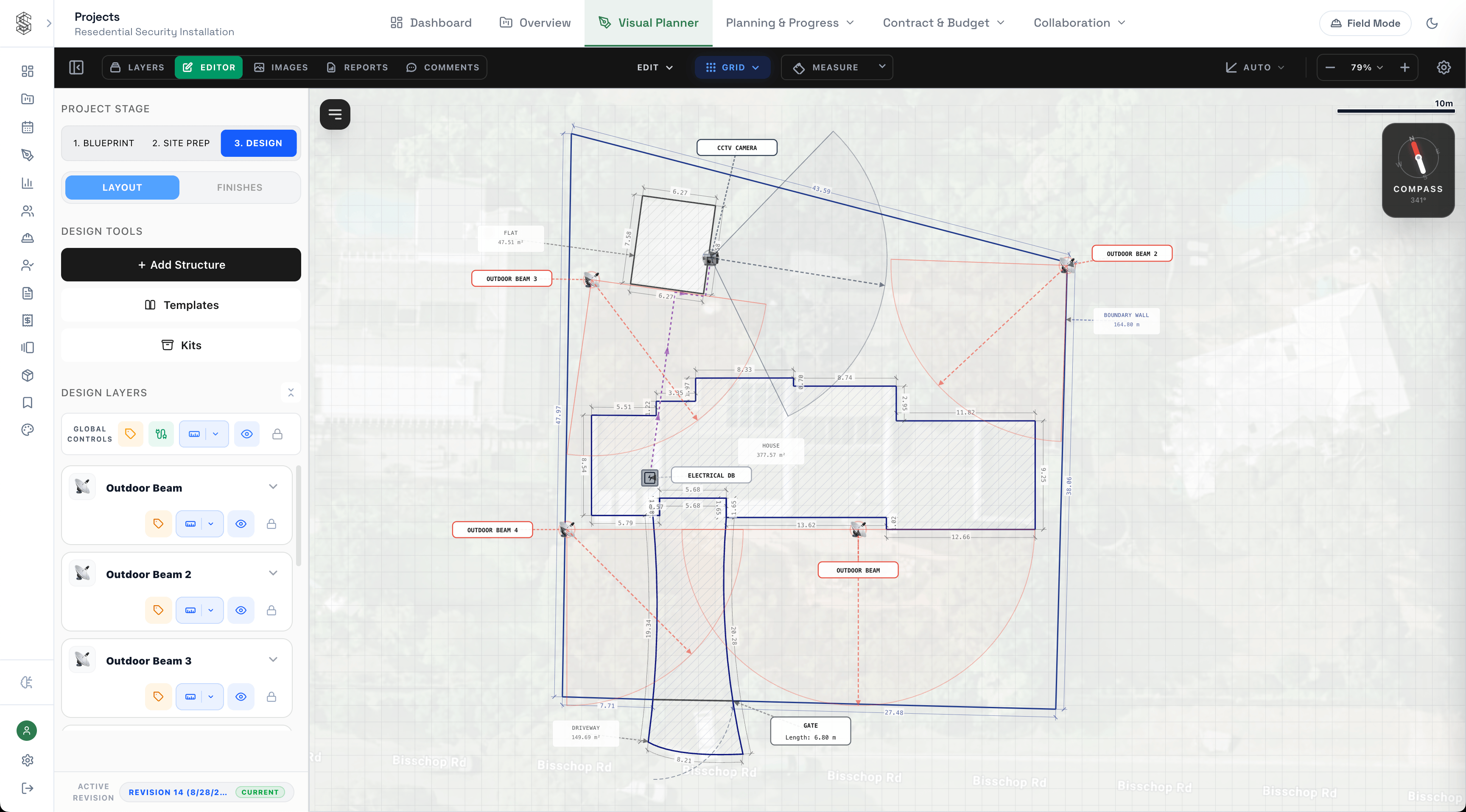 SiteTower layout showing perimeter security installation layout with CCTV camera coverage cones, outdoor beams, boundary walls, and gate placement