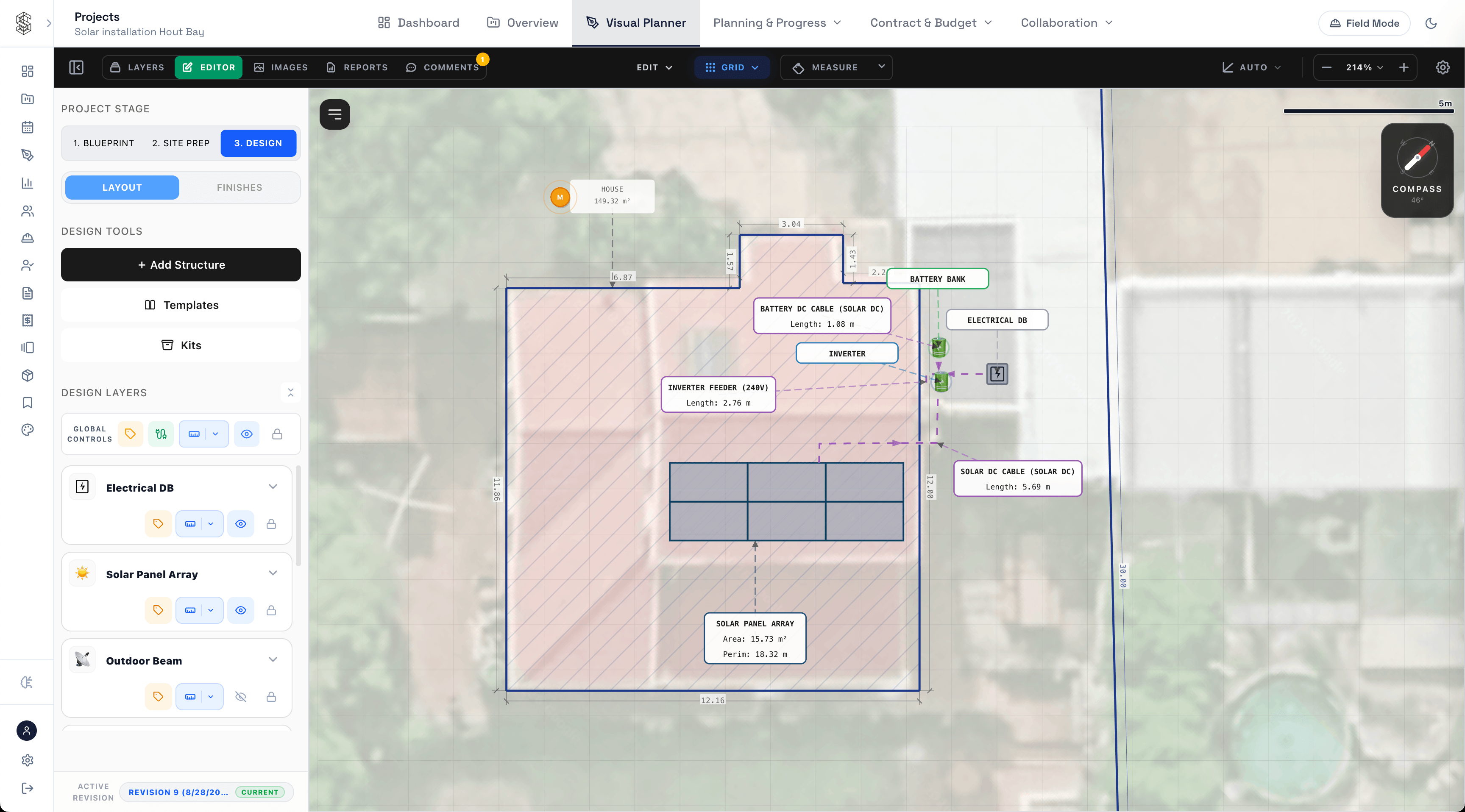 SiteTower layout showing solar panel array layout on roof, inverter, battery bank, and electrical DB cabling over satellite view